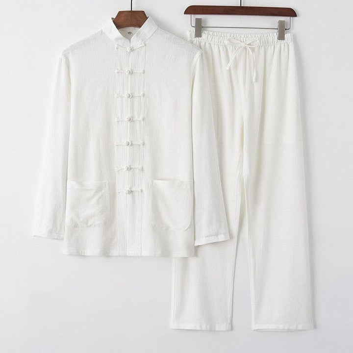 Conjunto de 2 piezas de traje Tang con Buddha Stones de rana, camisa de manga larga y pantalones de lino y algodón para hombre