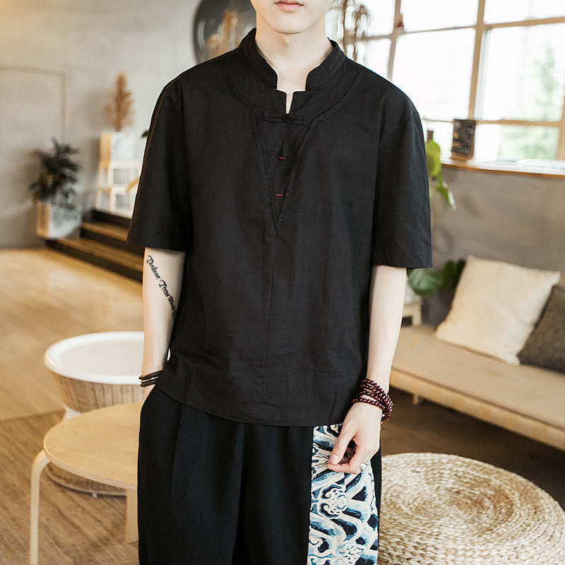 Camisa de algodón de media manga para hombre, con cuello entallado, botones de rana y color liso de verano Buddha Stones - Negro - US/UK/AU46, EU56 (5XL) - image 3