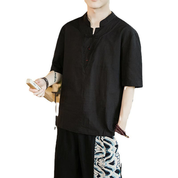 Camisa de algodón de media manga para hombre, con cuello entallado, botones de rana y color liso de verano Buddha Stones - image 4
