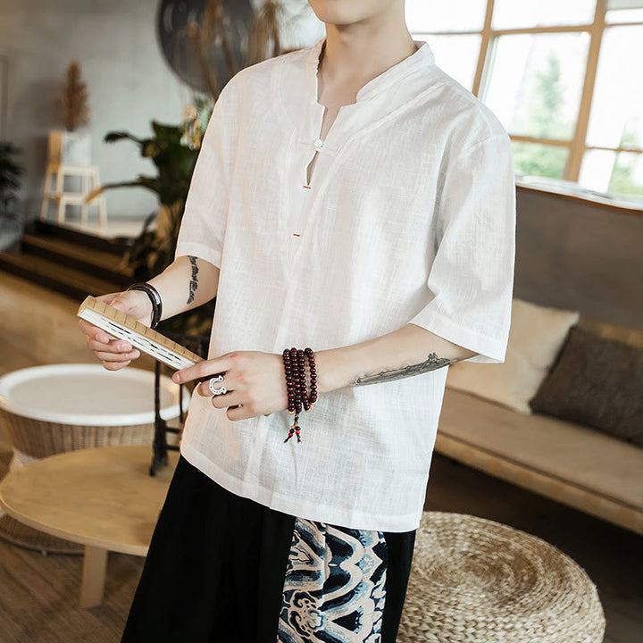 Camisa de algodón de media manga para hombre, con cuello entallado, botones de rana y color liso de verano Buddha Stones - image 1