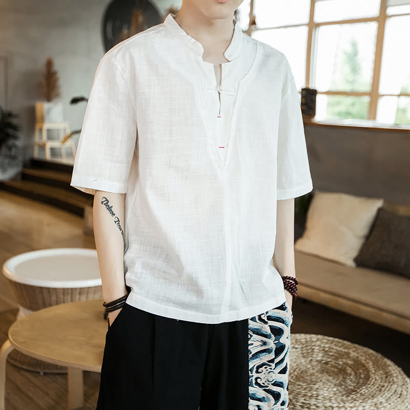 Camisa de algodón de media manga para hombre, con cuello entallado, botones de rana y color liso de verano Buddha Stones - Blanco - US/UK/AU46, EU56 (5XL) - image 0