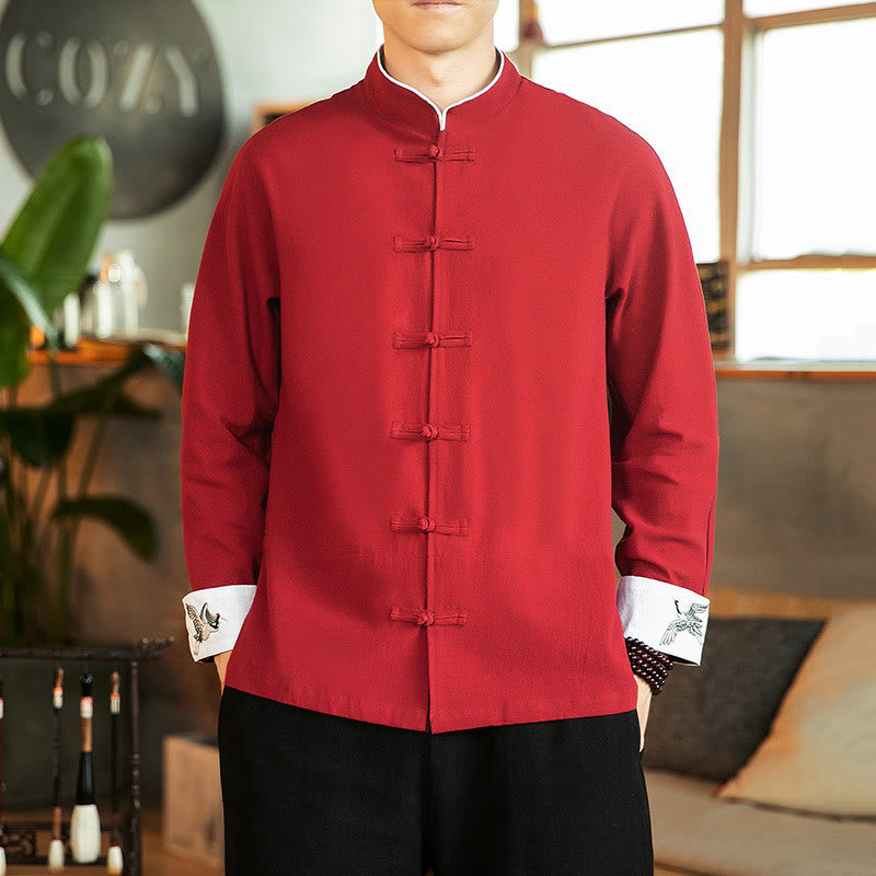 Camisa de algodón de manga larga para hombre con bordado de grulla y botones de rana y Buddha Stones - image 2