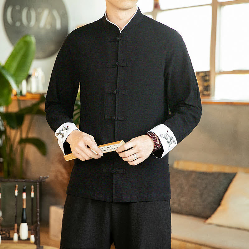Camisa de algodón de manga larga para hombre con bordado de grulla y botones de rana y Buddha Stones - Negro - US/UK/AU46, EU56 (5XL) - image 16