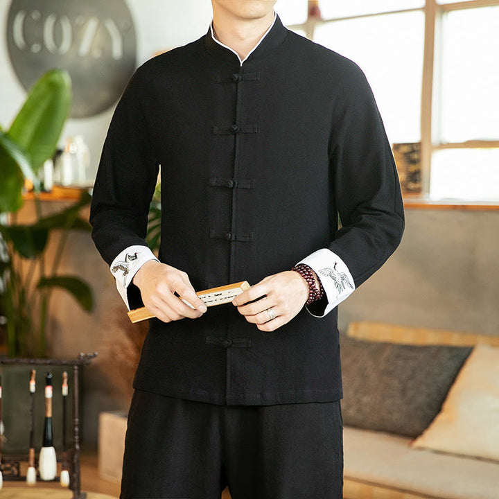 Camisa de algodón de manga larga para hombre con bordado de grulla y botones de rana y Buddha Stones - Negro - US/UK/AU46, EU56 (5XL) - image 16