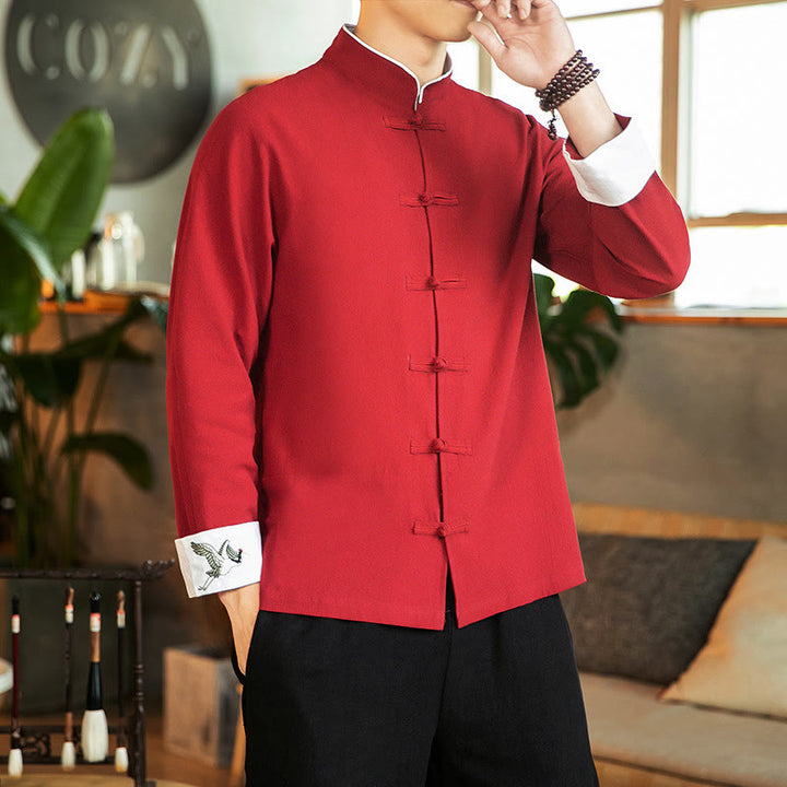 Camisa de algodón de manga larga para hombre con bordado de grulla y botones de rana y Buddha Stones - Rojo - US/UK/AU46, EU56 (5XL) - image 0