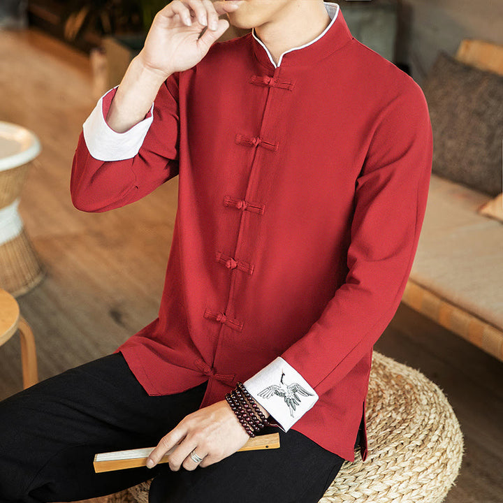 Camisa de algodón de manga larga para hombre con bordado de grulla y botones de rana y Buddha Stones - image 4