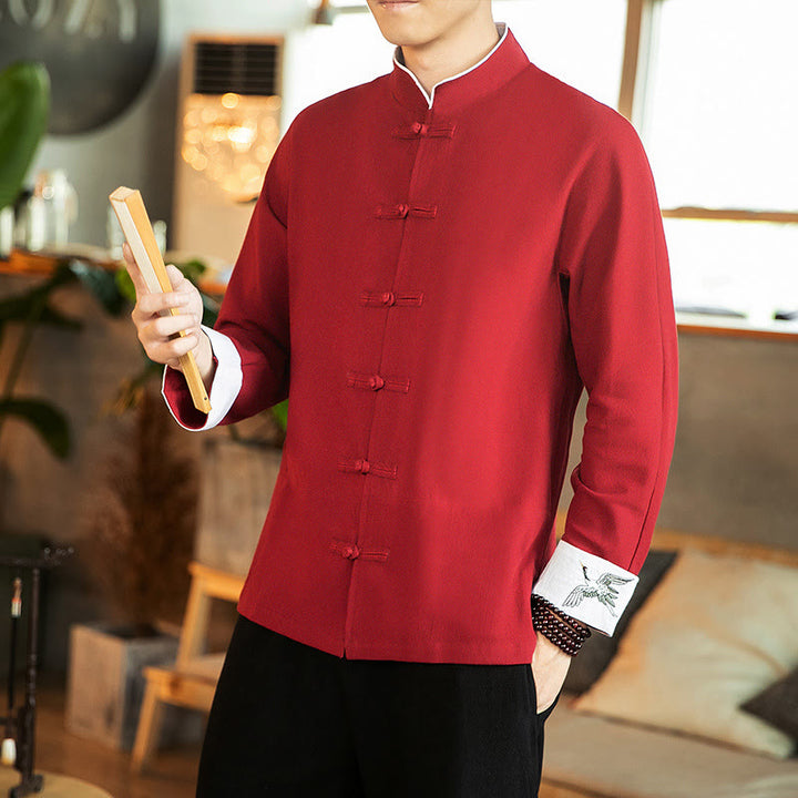 Camisa de algodón de manga larga para hombre con bordado de grulla y botones de rana y Buddha Stones - image 3