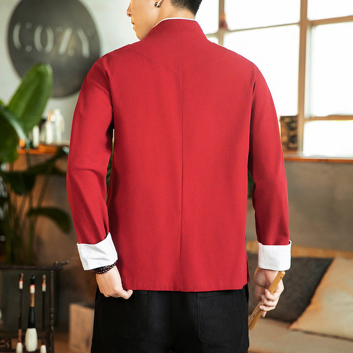 Camisa de algodón de manga larga para hombre con bordado de grulla y botones de rana y Buddha Stones - image 1