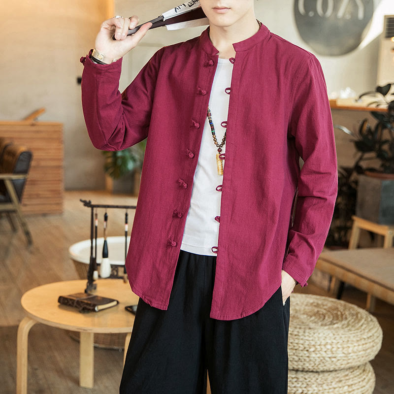 Camisa de lino para hombre, estilo casual, con cuello alto, botones de rana y manga larga, con estampado de Buddha Stones