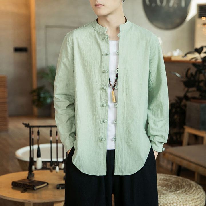 Camisa de lino para hombre, estilo casual, con cuello alto, botones de rana y manga larga, con estampado de Buddha Stones