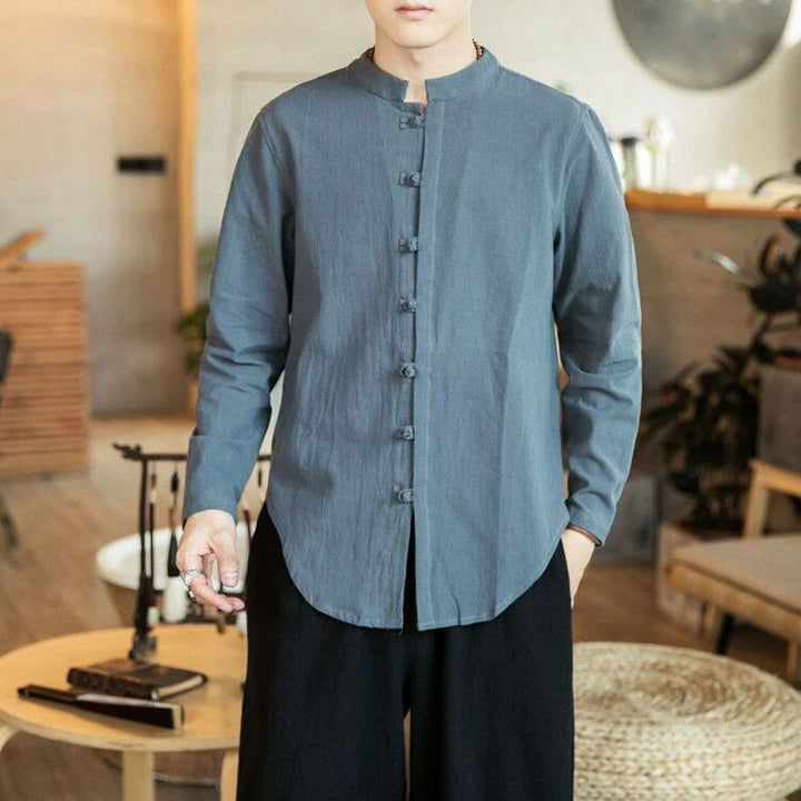Camisa de manga larga estilo Tang Suit para hombre, con cuello alto y botones de rana, estilo casual, con estampado de Buddha Stones. - Gris oscuro - US/UK/AU46, EU56 (5XL) - image 10