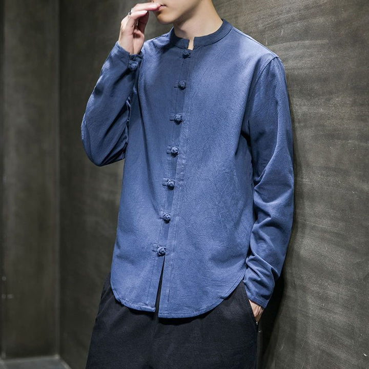 Camisa de manga larga estilo Tang Suit para hombre, con cuello alto y botones de rana, estilo casual, con estampado de Buddha Stones. - Azul aciano - US/UK/AU46, EU56 (5XL) - image 14