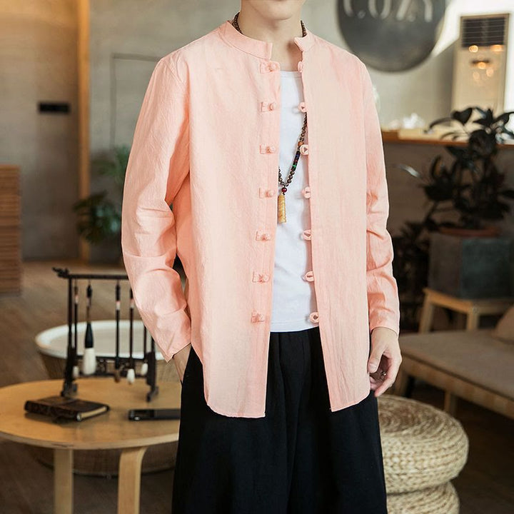 Camisa de lino para hombre, estilo casual, con cuello alto, botones de rana y manga larga, con estampado de Buddha Stones