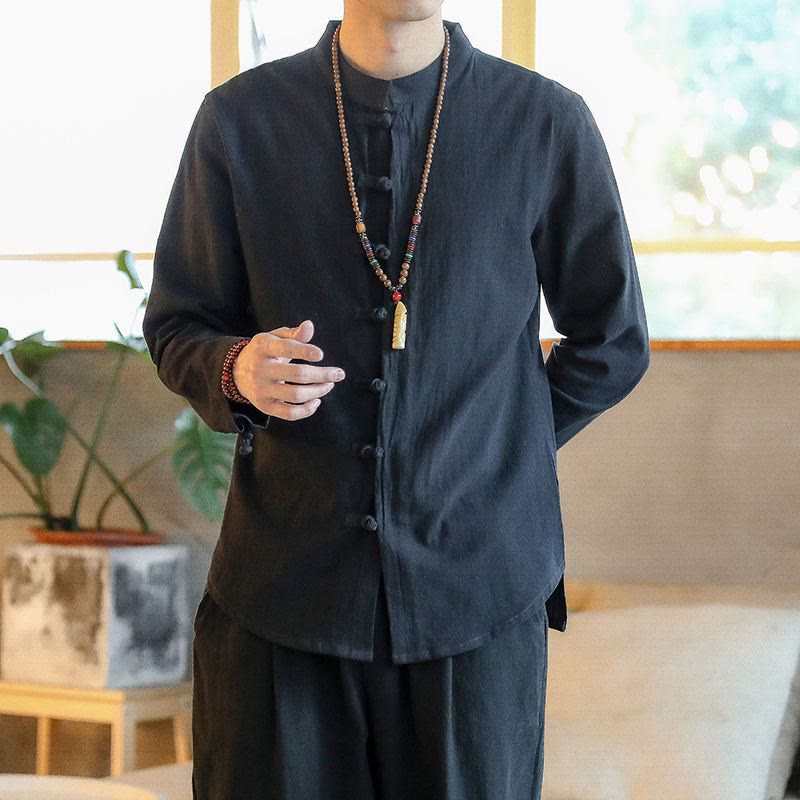 Camisa de lino para hombre, estilo casual, con cuello alto, botones de rana y manga larga, con estampado de Buddha Stones
