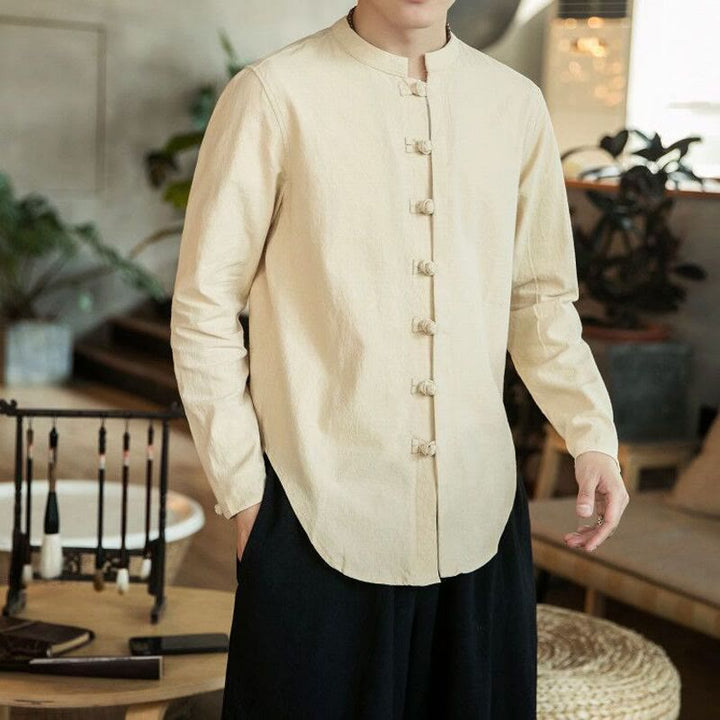 Camisa de manga larga estilo Tang Suit para hombre, con cuello alto y botones de rana, estilo casual, con estampado de Buddha Stones. - Beige - US/UK/AU46, EU56 (5XL) - image 11