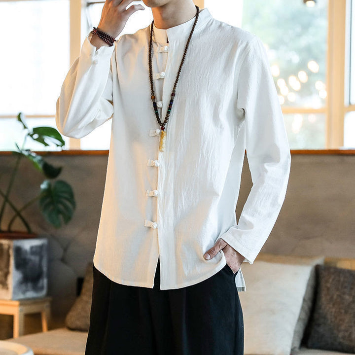 Camisa de lino para hombre, estilo casual, con cuello alto, botones de rana y manga larga, con estampado de Buddha Stones