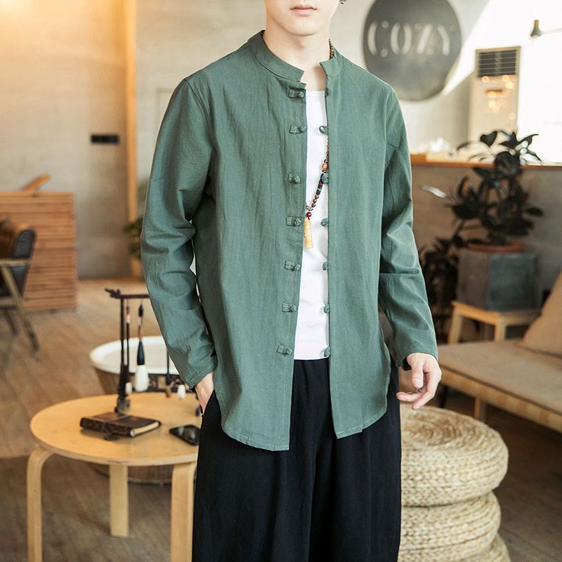 Camisa de lino para hombre, estilo casual, con cuello alto, botones de rana y manga larga, con estampado de Buddha Stones