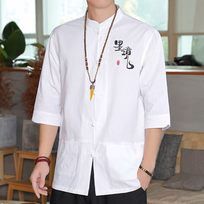 Camisa de lino y algodón para hombre con manga tres cuartos y botones de rana con Buddha Stones