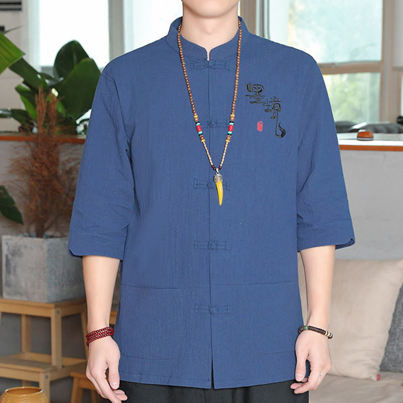 Camisa de lino y algodón para hombre con manga tres cuartos y botones de rana con Buddha Stones