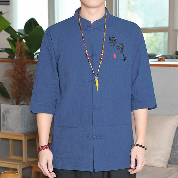 Camisa de lino y algodón para hombre con manga tres cuartos y botones de rana con Buddha Stones