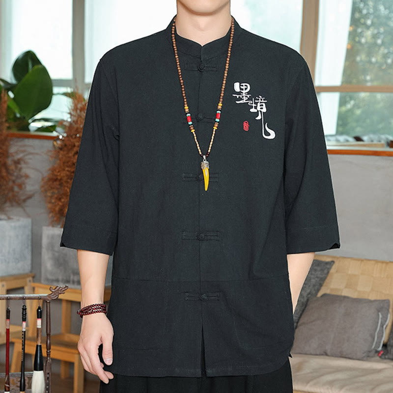 Camisa de lino y algodón para hombre con manga tres cuartos y botones de rana con Buddha Stones