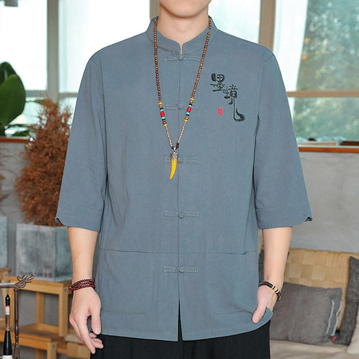 Camisa de lino y algodón para hombre con manga tres cuartos y botones de rana con Buddha Stones