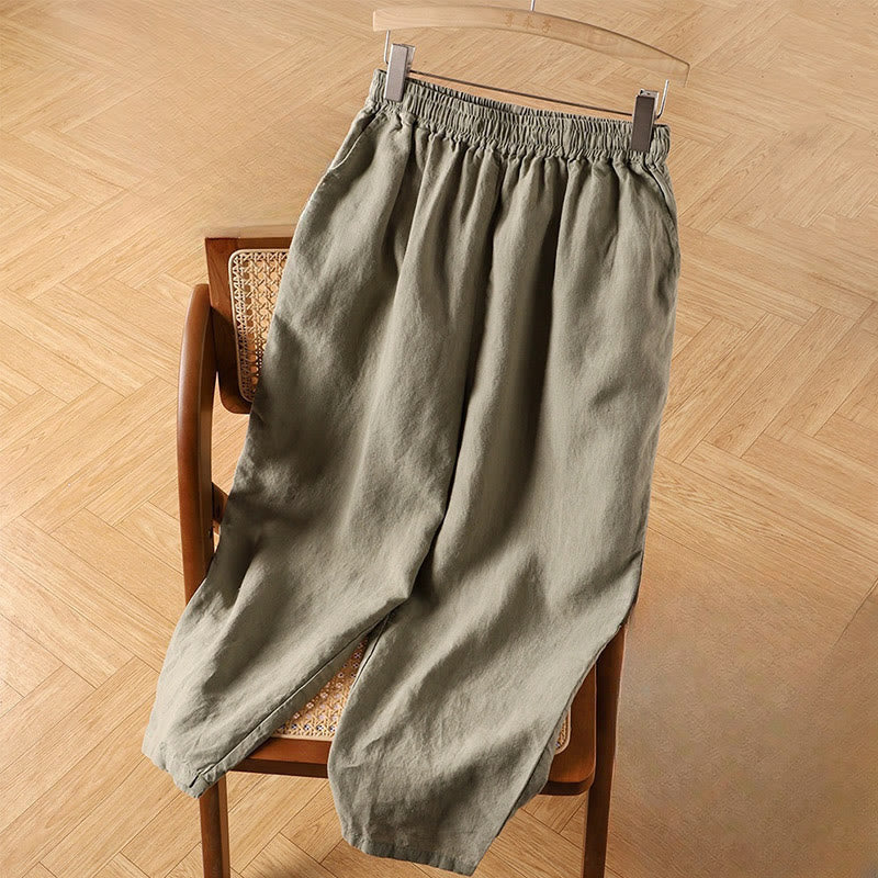 Pantalones harén de lino y algodón de cintura alta para mujer, informales, lisos y con bolsillos, de Buddha Stones - Verde mar oscuro - US14, UK/AU18, EU46 (4XL) - image 6