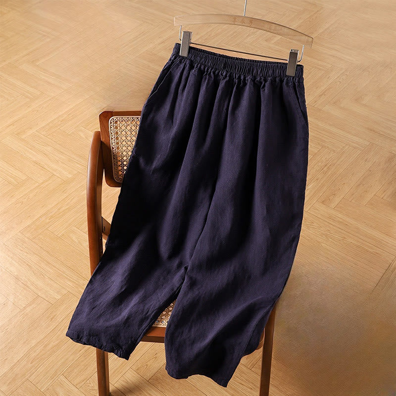 Pantalones harén de lino y algodón de cintura alta para mujer, informales, lisos y con bolsillos, de Buddha Stones - Marina de guerra - US14, UK/AU18, EU46 (4XL) - image 9