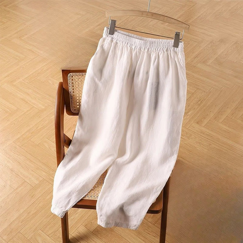 Pantalones harén de lino y algodón de cintura alta para mujer, informales, lisos y con bolsillos, de Buddha Stones - Blanco floral - US14, UK/AU18, EU46 (4XL) - image 10