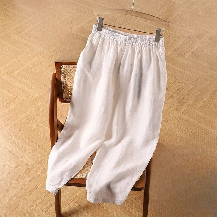 Pantalones harén de lino y algodón de cintura alta para mujer, informales, lisos y con bolsillos, de Buddha Stones - Blanco floral - US14, UK/AU18, EU46 (4XL) - image 10