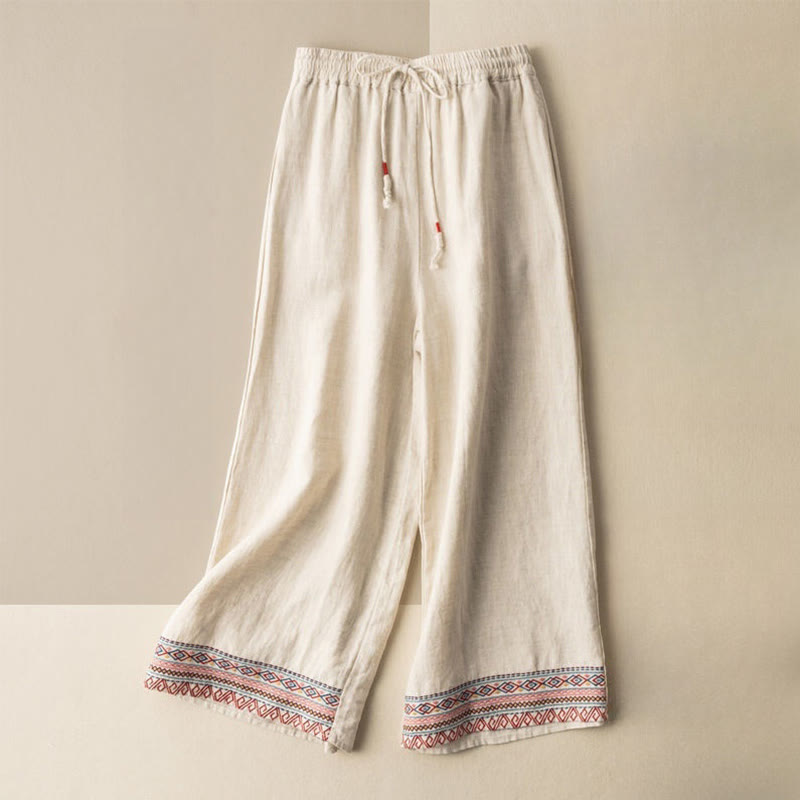 Pantalones de mujer de pierna ancha con cordón ajustable y bolsillos, con bordado informal de Buddha Stones y estilo bohemio. - Beige - US12，UK/AU16，EU44 (XL) - image 0