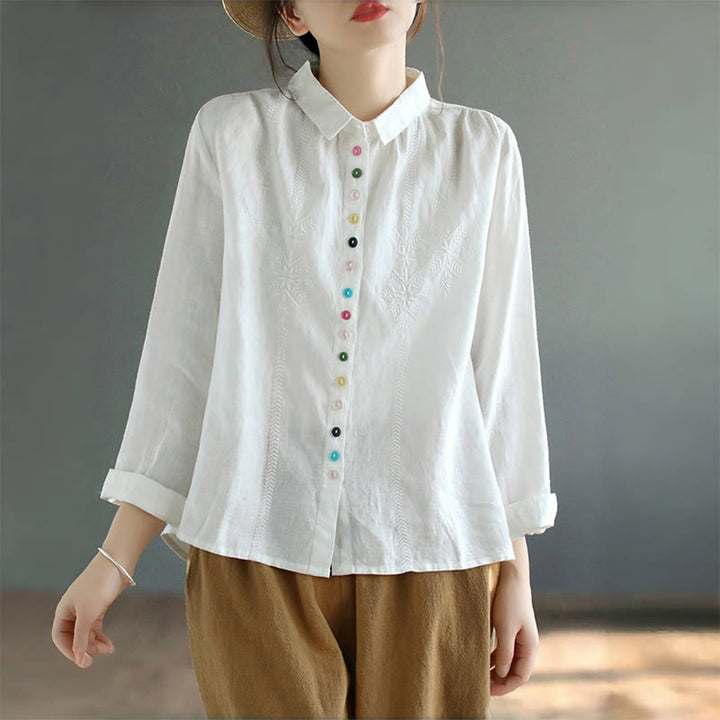 Camisa de lino y algodón para mujer, de manga larga, con bordado de Buddha Stones y botones de colores