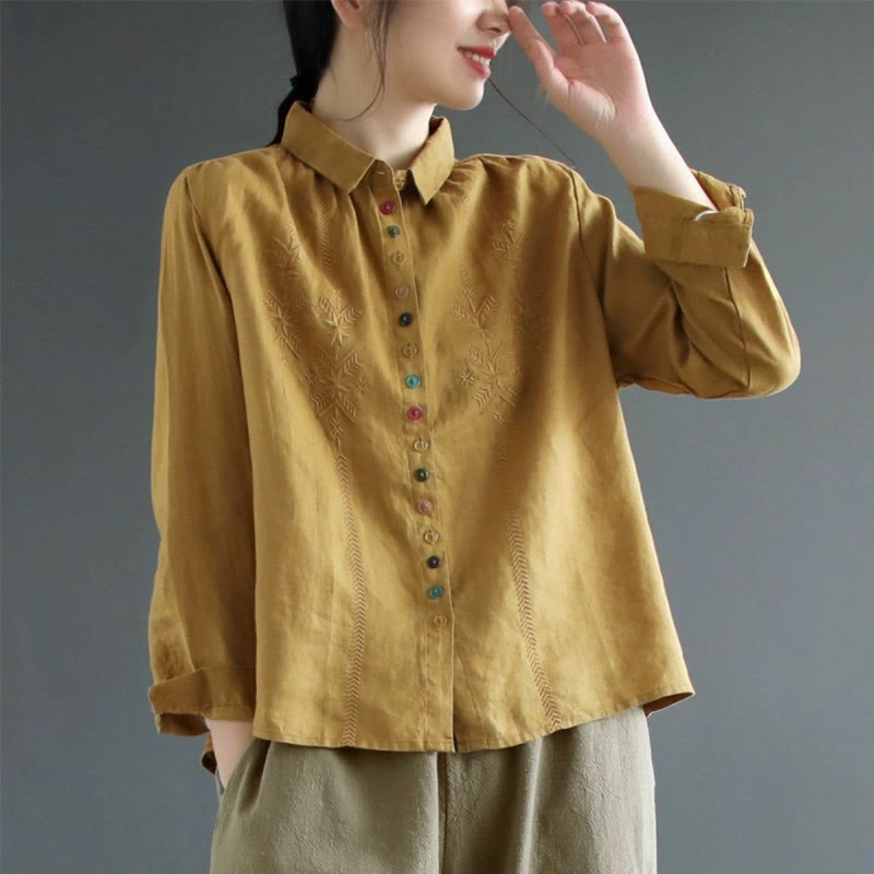Camisa de mujer de manga larga con botones coloridos y bordado de Buddha Stones para primavera. - Vara de oro oscura - US12, UK/AU16, EU44 (2XL) - image 0
