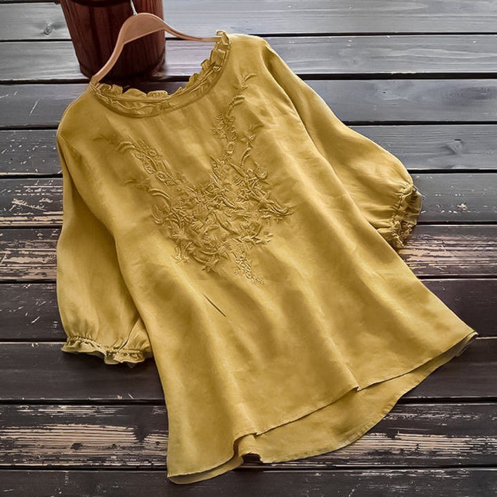 Camiseta informal de algodón y lino con cuello redondo, mangas abullonadas y volantes con bordado de piedras de Buddha Stones para mujer - Oro - US14, UK/AU18, EU46 (4XL) - image 12