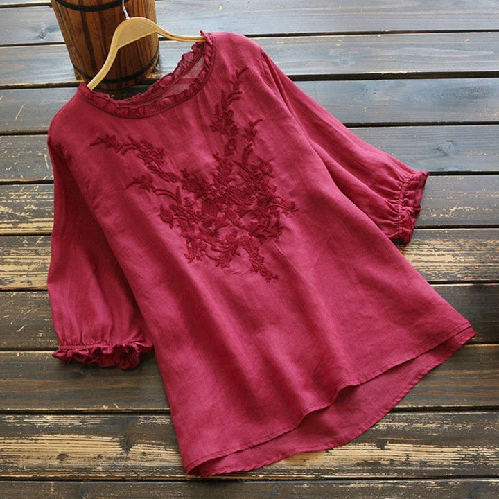 Camiseta informal de algodón y lino con cuello redondo, mangas abullonadas y volantes con bordado de piedras de Buddha Stones para mujer - Violeta medio rojo - US14, UK/AU18, EU46 (4XL) - image 4