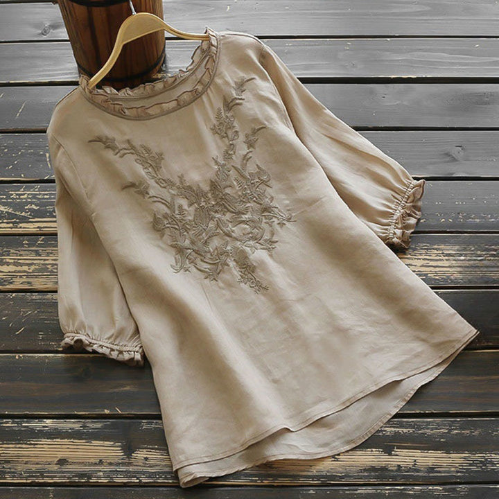 Camiseta informal de algodón y lino con cuello redondo, mangas abullonadas y volantes con bordado de piedras de Buddha Stones para mujer - Broncearse - US14, UK/AU18, EU46 (4XL) - image 8