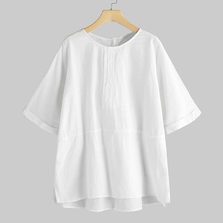 Buddha Stones y media manga, cuello redondo y abertura lateral para mujer - FloralBlanco - US20，UK/AU24，EU52 (5XL) - image 0