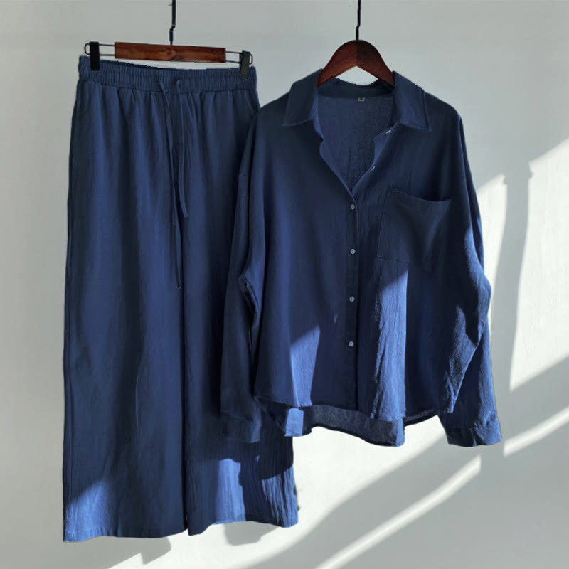 Conjunto de 2 piezas de camisa de manga larga con bolsillos y pantalones con cordón para meditación, de algodón y lino, con Buddha Stones , para mujer - Azul oscuro - US18, UK/AU22, EU50 (5XL) - image 30