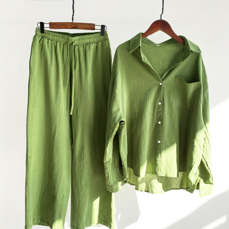 Conjunto de 2 piezas de camisa de manga larga con bolsillos y pantalones con cordón para meditación, de algodón y lino, con Buddha Stones , para mujer - Verde lima - US18, UK/AU22, EU50 (5XL) - image 0
