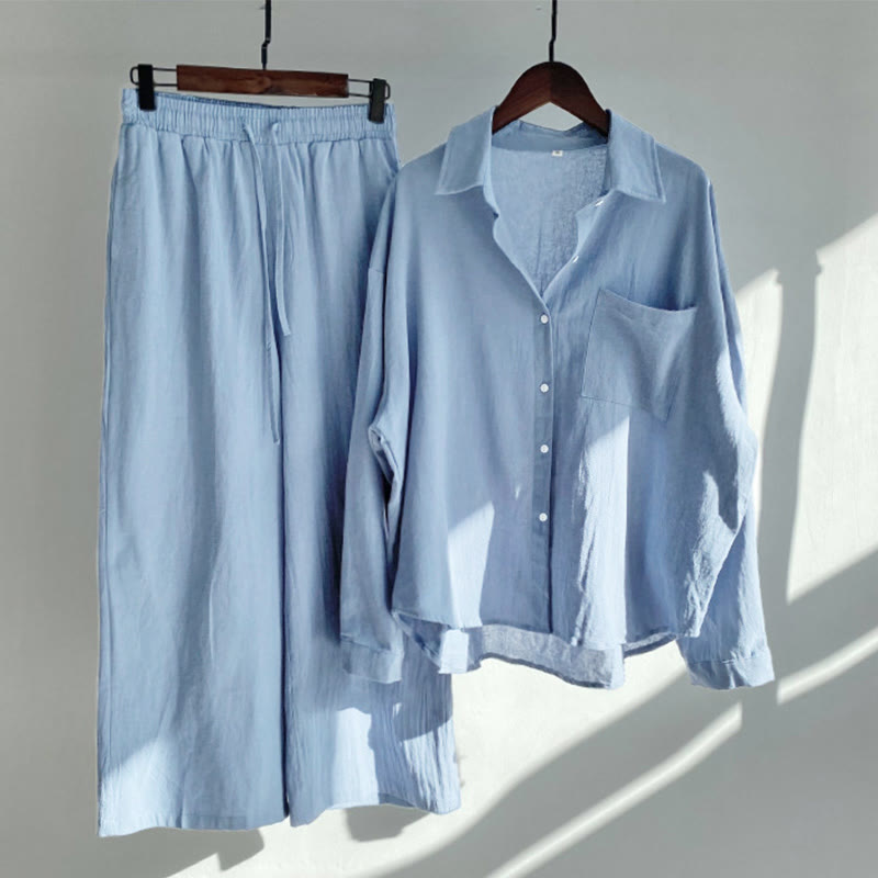 Conjunto de 2 piezas de camisa de manga larga con bolsillos y pantalones con cordón para meditación, de algodón y lino, con Buddha Stones , para mujer - Azul acero claro - US18, UK/AU22, EU50 (5XL) - image 24