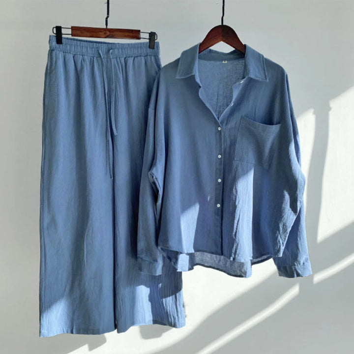 Conjunto de 2 piezas de camisa de manga larga con bolsillos y pantalones con cordón para meditación, de algodón y lino, con Buddha Stones , para mujer - Azul real - US20，UK/AU24，EU52 (5XL) - image 4
