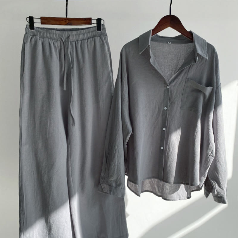 Conjunto de 2 piezas de camisa de manga larga con bolsillos y pantalones con cordón para meditación, de algodón y lino, con Buddha Stones , para mujer - Gris - US20，UK/AU24，EU52 (5XL) - image 12