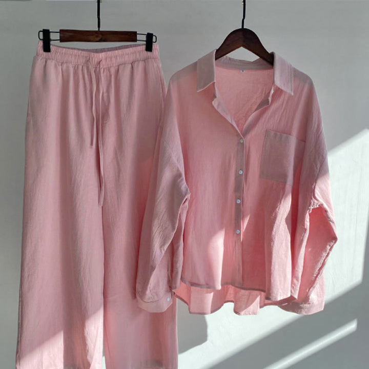 Conjunto de 2 piezas de camisa de manga larga con bolsillos y pantalones con cordón para meditación, de algodón y lino, con Buddha Stones , para mujer - rosa claro - US18, UK/AU22, EU50 (5XL) - image 6