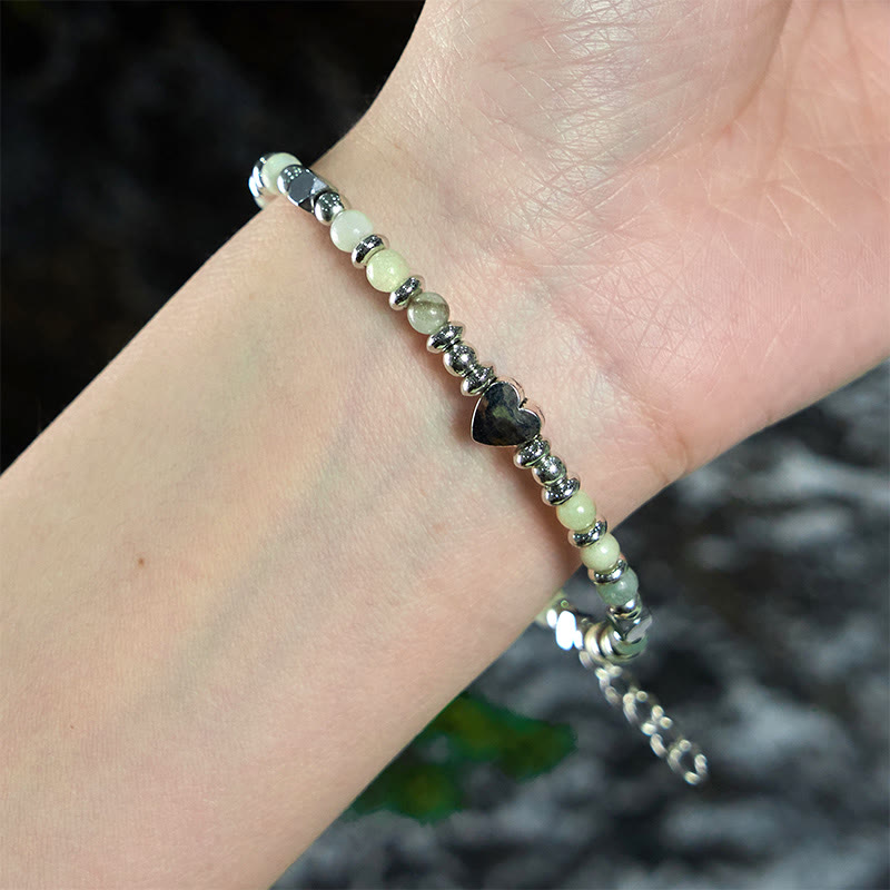 Pulsera de equilibrio positivo con forma de corazón de piedra natural de Buddha Stones, amazonita, amatista, lazurita y cuarzo rosa.