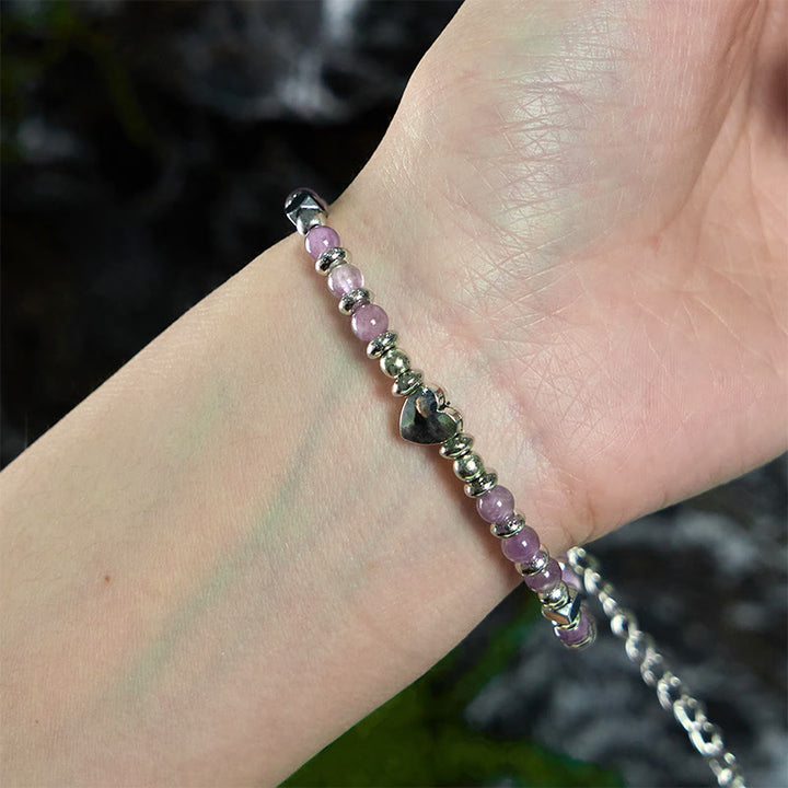 Pulsera de equilibrio positivo con forma de corazón de piedra natural de Buddha Stones, amazonita, amatista, lazurita y cuarzo rosa.