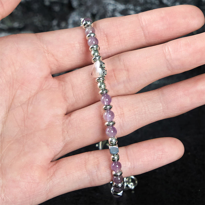 Pulsera de equilibrio positivo con forma de corazón de piedra natural de Buddha Stones, amazonita, amatista, lazurita y cuarzo rosa.