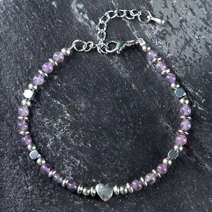 Pulsera de equilibrio positivo con forma de corazón de piedra natural de Buddha Stones, amazonita, amatista, lazurita y cuarzo rosa.