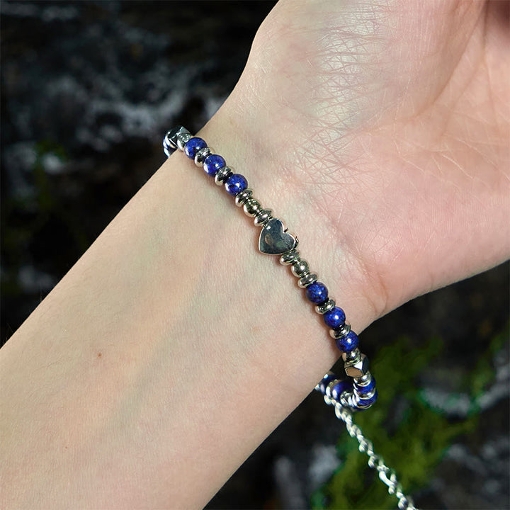 Pulsera de equilibrio positivo con forma de corazón de piedra natural de Buddha Stones, amazonita, amatista, lazurita y cuarzo rosa.