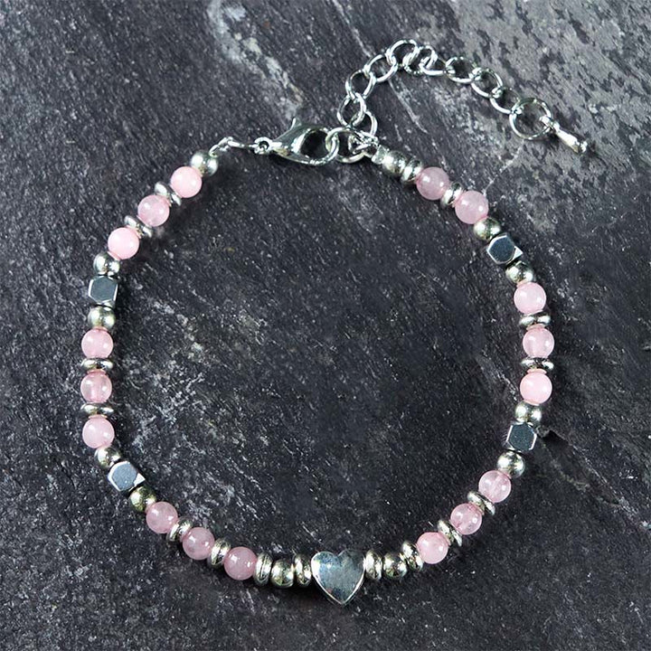 Pulsera de equilibrio positivo con forma de corazón de piedra natural de Buddha Stones, amazonita, amatista, lazurita y cuarzo rosa.