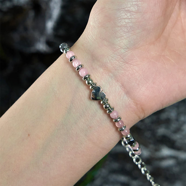Pulsera de equilibrio positivo con forma de corazón de piedra natural de Buddha Stones, amazonita, amatista, lazurita y cuarzo rosa.